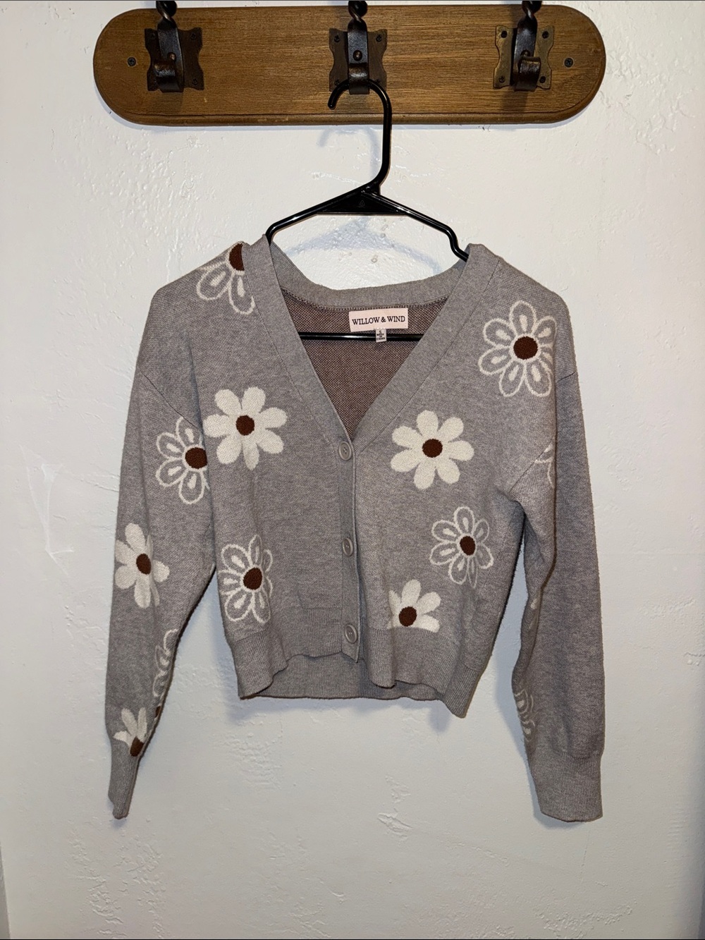 Gray Floral V-Neck Cardigan Sweater